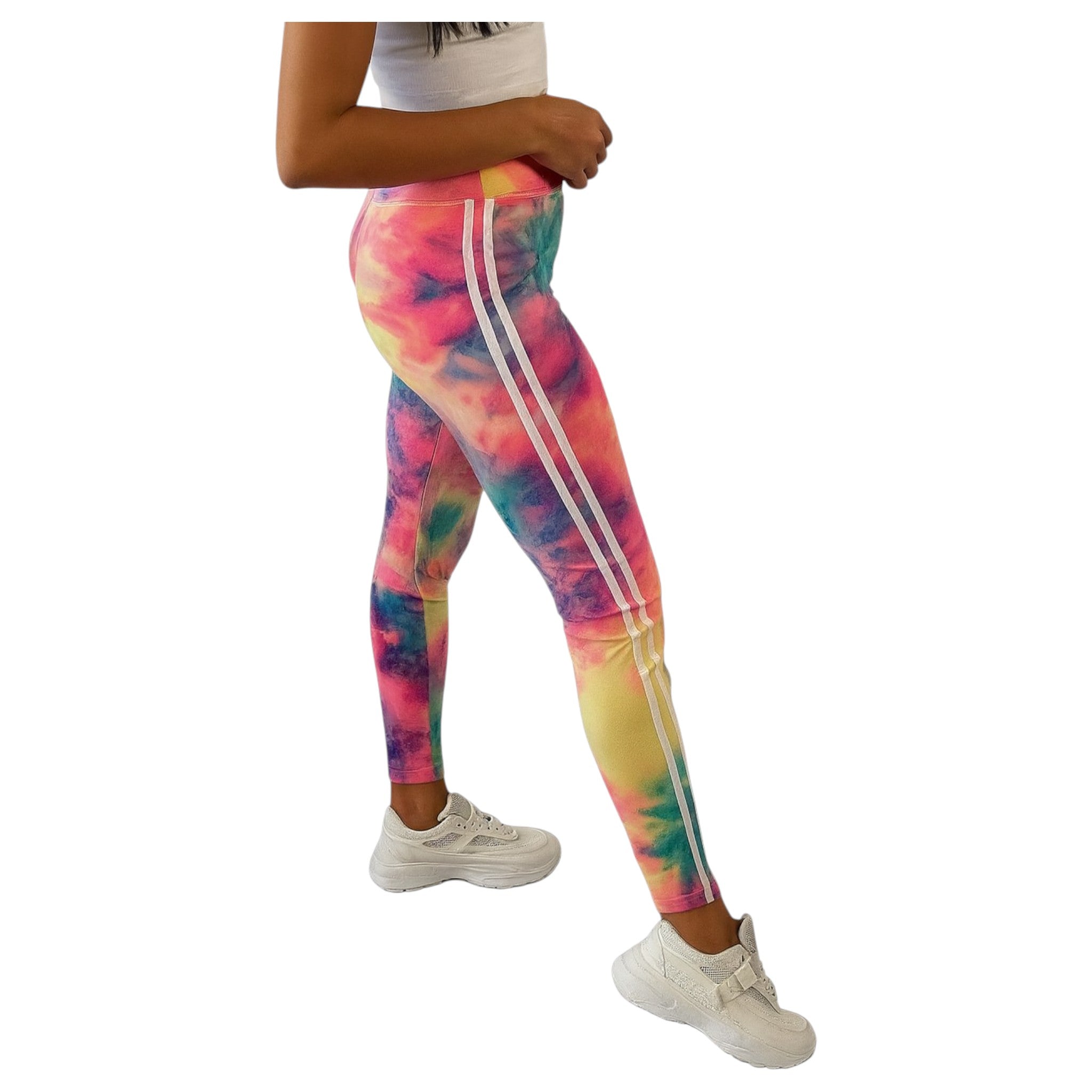 Women’s high-waisted tie dye leggings in neon multicolor print – stylish gym wear and casual athleisure